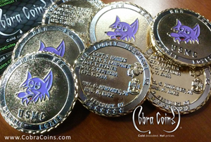 HMM 364 Purple Foxes USMC Never Forget Morphine 12
Shiny Gold and Shiny Silver coin with 2D Front and 3D Back Diamond Edge cut on both sides sandblast texture as background cobra coins cobracoins.com